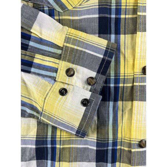 American Eagle‎ Shirt Mens Large Yellow Madras Plaid Vintage Fit Pearl Snap - Picture 9 of 9